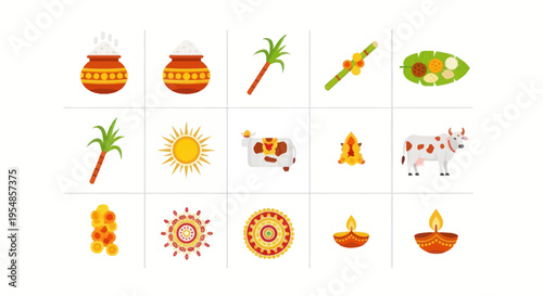 Pongal Festival Icons: Sugarcane, Rice Pot, Cow, Sun, Rangoli, Diya