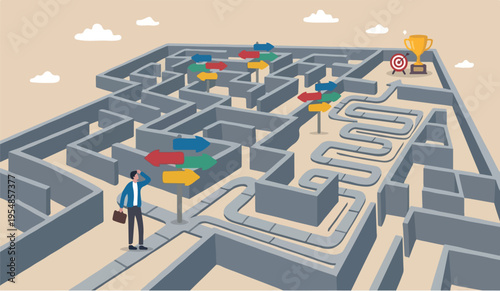 Path challenge to find the way to achieve target or goal and win trophy, solve problem or business decision concept, contemplation businessman finding the way in labyrinth to reach target.