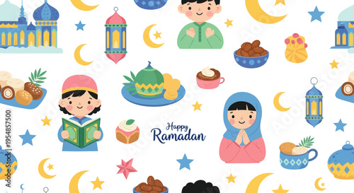 Happy Ramadan Seamless Pattern with Cute Islamic Characters and Symbols