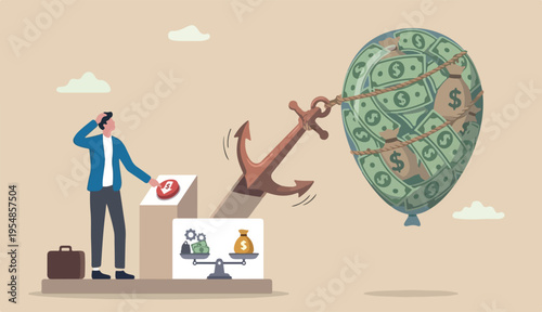 Monetary policy lower inflation, keep cost expense low profit, FED central bank interest rate control metaphor, businessman government burden anchor tie to money dollar balloon