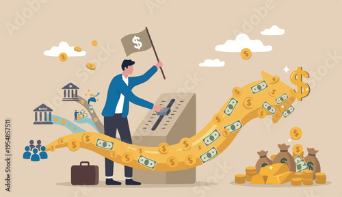Cash flow, investment fund raising bank loan financial activity making money profit concept, Businessman leader investor holding flag control money Dollar coins