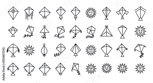 Collection of Hand-Drawn Kite Icons and Smiling Sun Illustrations