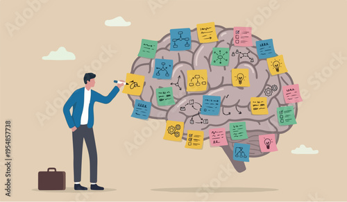 Idea memo, brainstorm or scrum sticky notes, productive plan, memory or task reminder, mind map for work arrangement, thought and wisdom concept, businessman write sticky notes on human brain