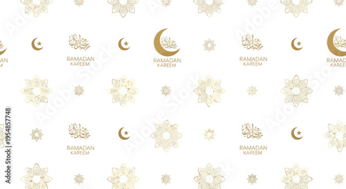 Golden Ramadan Kareem islamic pattern with crescent moon and mandala on white background