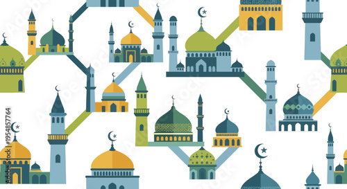 Islamic Mosques Pattern: Diverse Architecture, Geometric Connections, Vibrant Colors