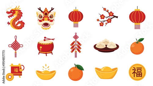 Chinese New Year Icons: Dragon, Lanterns, Dumplings, Oranges, Gold, Firecrackers, Fortune