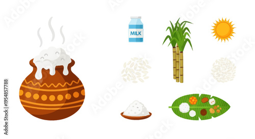 Pongal Festival Celebration: Traditional Pot with Overflowing Milk, Sugarcane, Rice, Sun