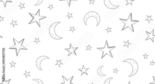 Whimsical Hand-Drawn Stars and Moons Seamless Pattern, Cute Celestial Background