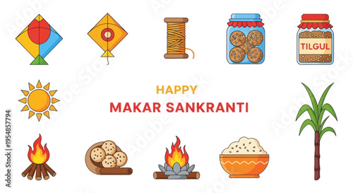 Happy Makar Sankranti Celebration Flat Icons Set