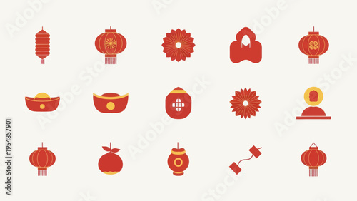 Chinese New Year Icons: Red Lanterns, Gold Ingots, Firecrackers, Ornaments