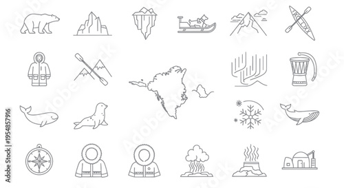 Arctic Icons Set: Polar Bear, Kayak, Aurora, Greenland Map, Inuit Culture