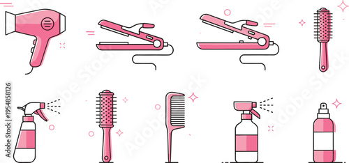 Hair styling tools set with dryer straightener brushes and spray bottles, beauty salon equipment collection in flat cartoon vector illustration