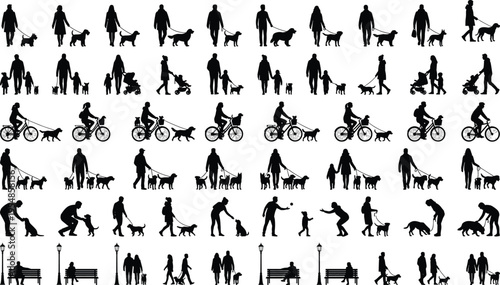 People Walking Dogs Silhouette Collection with Families, Kids, Cyclists and Pet Owners Outdoor Activity Vector Illustration Set