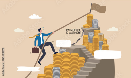Financial concept, businessman trying hard climbing rope to reach top of money coins stack