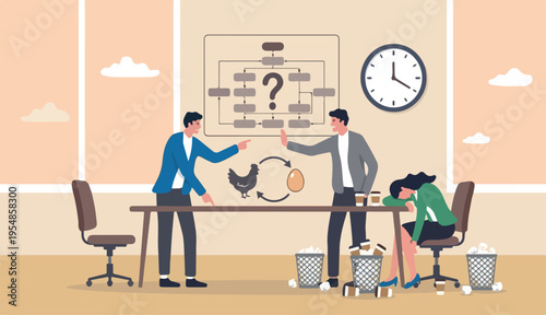 Business argument, conflict or disagreement, wasted use meeting time or arguing into with no result, controversy question idea concept, businessman for colleagues arguing fight the about chicken