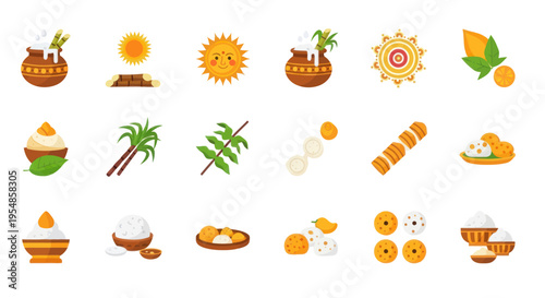 Pongal Festival Icons: Sugarcane, Rice Pots, Sun, Sweets, Mangoes, Leaves
