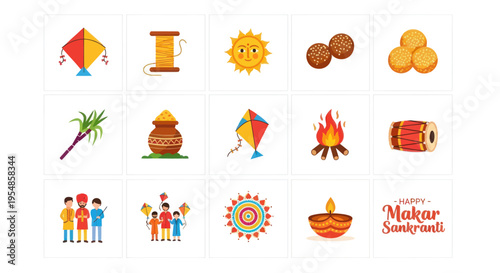 Makar Sankranti Festival Icons: Kite, Sun, Sugarcane, Diya, Food, Drum, People