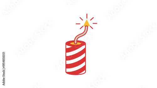 Red and white striped firecracker with glowing fuse, isolated on white background