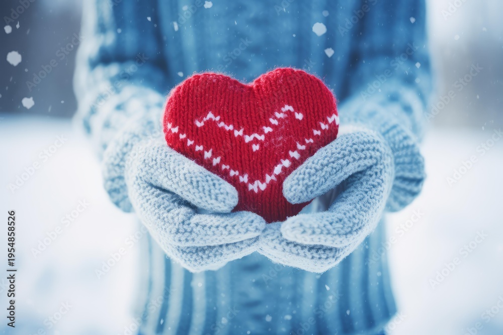 Fototapeta premium Hands wearing woolen gloves holding a vibrant red knitted heart in falling snow