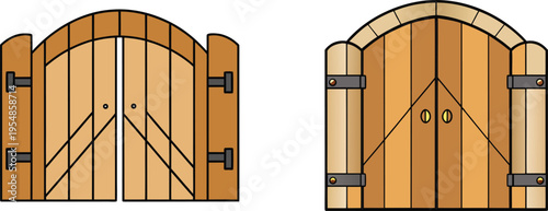 A vintage set of old wooden and wrought iron gates provides a secure metal entrance for garden architecture and house wall design in this vector illustration