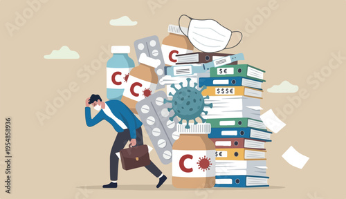 Medical debt, health care and treatment cost from Covid-19 disease, hospital expense drug medicine bills concept, broke bankrupt man carrying giant medicine debt burden after cure from COVID-19