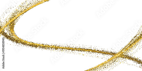 Golden glitter trail curving on white background, abstract festive sparkle, celebration motion effect, gold dust