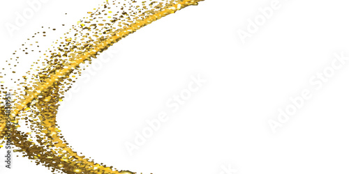 Golden glitter trail curving on white background, abstract festive sparkle, celebration motion effect, gold dust