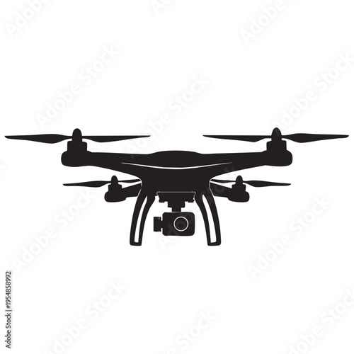 Detailed black silhouette of modern quadcopter drone with camera isolated on white