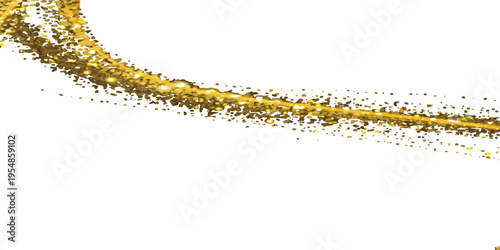 Golden glitter trail curving on white background, abstract festive sparkle, celebration motion effect, gold dust
