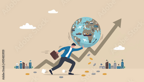 Pushing world economic forward, international in investment growth or company success world business competition concept, businessman leader push world rising central bank up graph full effort