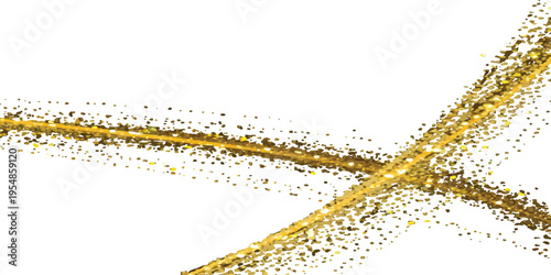 Golden glitter trail crossing on white background, abstract festive sparkle, celebration motion effect, gold dust