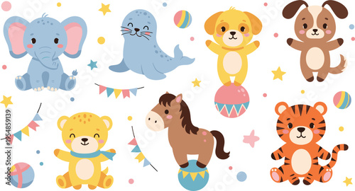 Cute circus animals set with elephant seal dog tiger and lion, playful cartoon characters collection for kids party vector illustration