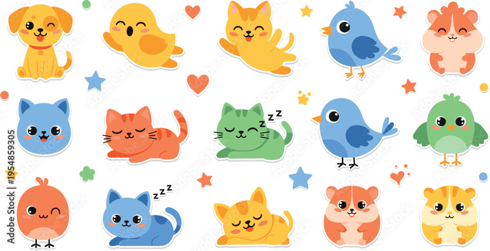 Fototapeta premium Cute pets and birds stickers set, adorable cartoon animals collection with cats dogs hamsters and chicks for kids vector illustration pack