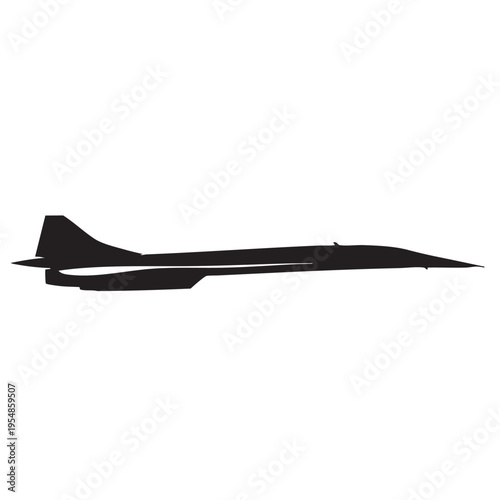 Black silhouette of supersonic jet airplane flying fast in profile view