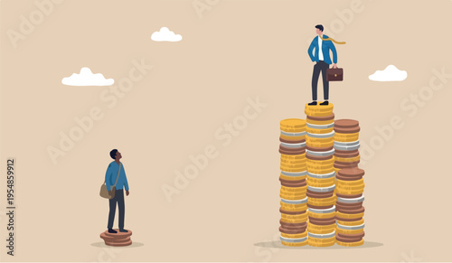 Economic inequality poor gap, unfairness income, different money people being paid concept, white rich businessman standing on high salary coins tower with poor black man on low coins stack.