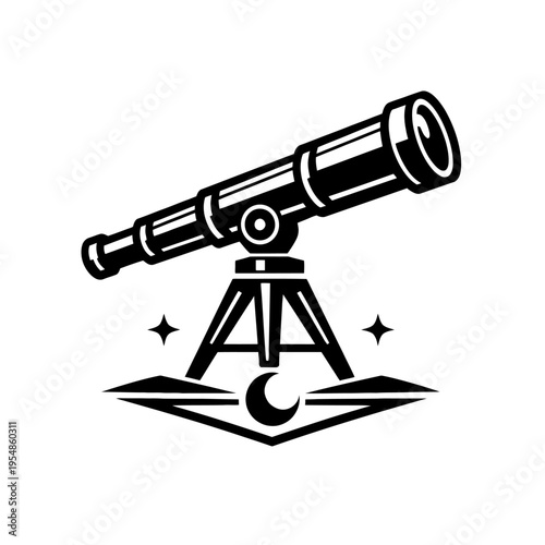 Black and white vector illustration of a classic telescope on a tripod. Features a crescent moon and sparkling stars, symbolizing astronomy, scientific discovery, space exploration, and the night sky.