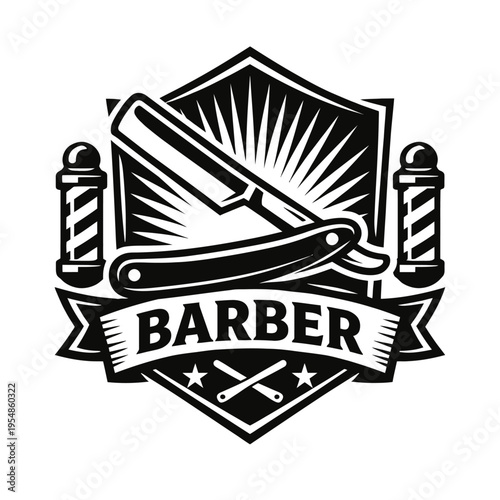 Vintage Barber Shop Logo Emblem: Classic Straight Razor, Iconic Barber Poles & Retro Styling for Modern Gentlemen's Grooming Salons, Haircuts, and Shaves – Professional & Traditional Aesthetic Design.