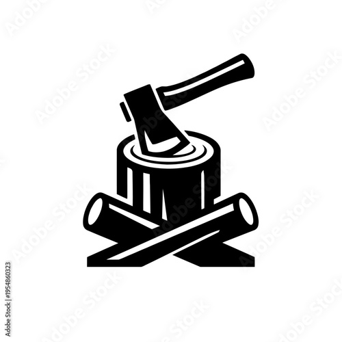 Black and white vector icon of a sharp axe embedded in a tree stump, with two logs forming a base. It represents wood chopping, camping, lumberjack tasks, winter prep, campfire building.