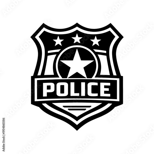 Black and White Police Badge Logo Vector: Classic Shield Emblem with Bold Stars and 'POLICE' Text. Symbolizes Law Enforcement, Authority, Security, Justice, Public Safety, and Protection. Ideal for Of