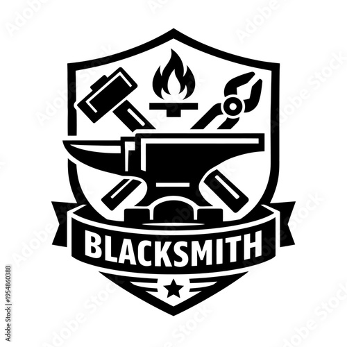Robust Blacksmith Emblem Logo: A striking black and white vector design featuring an anvil, hammer, tongs, and forge fire within a strong shield, accented by a 'BLACKSMITH' banner. Ideal for metalwork