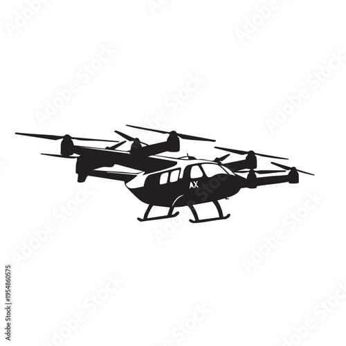 Futuristic eVTOL aircraft with multiple rotors and passenger cabin, modern urban air mobility concept