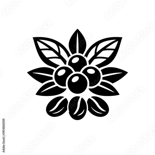 Stylized Coffee Plant Icon with Ripe Berries, Fresh Leaves, and Roasted Beans – A Minimalist Black & White Glyph Representing the Journey from Bean to Brew for Coffee Lovers, Growers, and Brands Alike