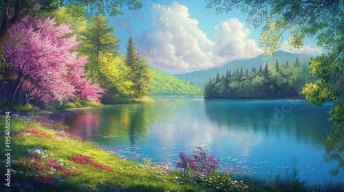Serene lake reflects blue sky with colorful trees in a peaceful, tranquil nature
