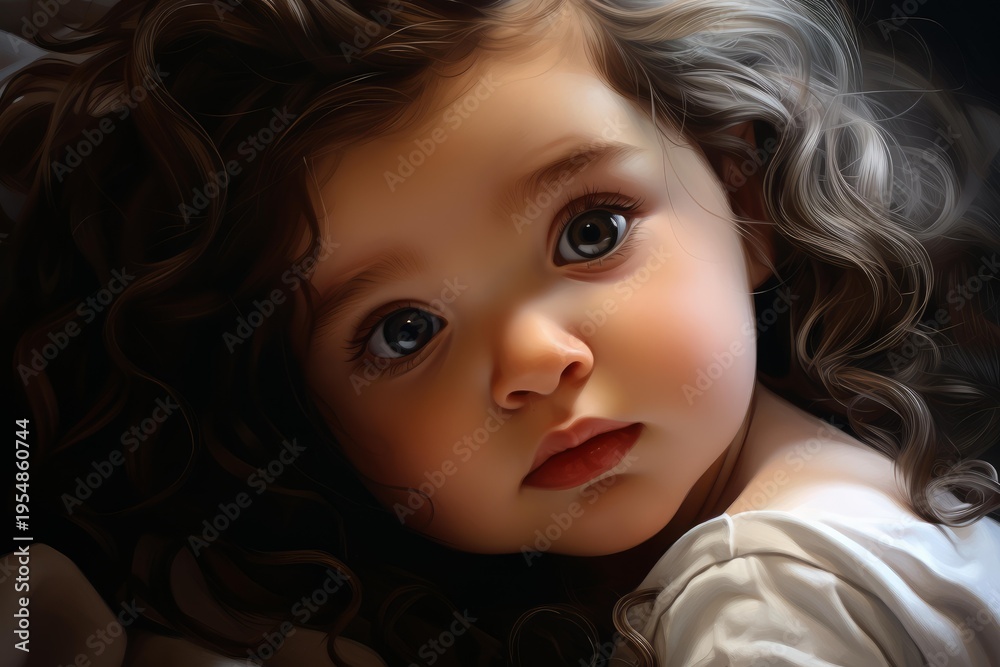Naklejka premium Young girl with dark curly hair and large eyes looking at viewer