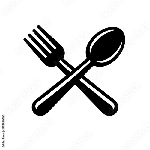 Black silhouette icon of a crossed fork and spoon. Symbolizes dining, restaurant, food, meal, cutlery, kitchenware, catering, culinary arts. Ideal for menu design, branding, applications, and websites