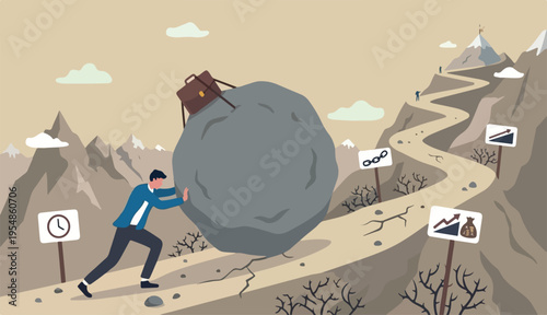  Hard work like pushing boulder uphill, burden business difficulty struggle challenge success, motivation persistence concept, businessman pushing boulder uphill mountain peak.