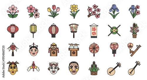 japanese culture icons set