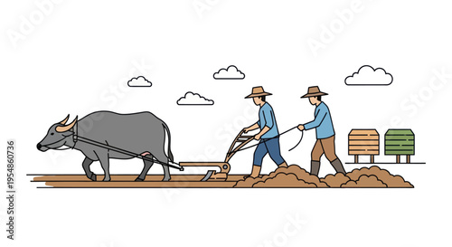 Farmers plowing field with oxen