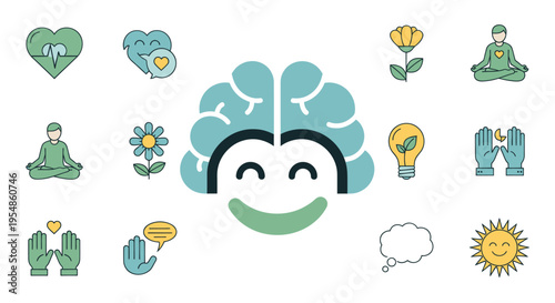 mindfulness icons, brain with smiling face and various wellness symbols