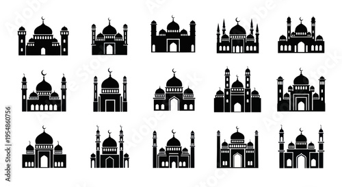 mosque icons, islamic architecture, black silhouettes